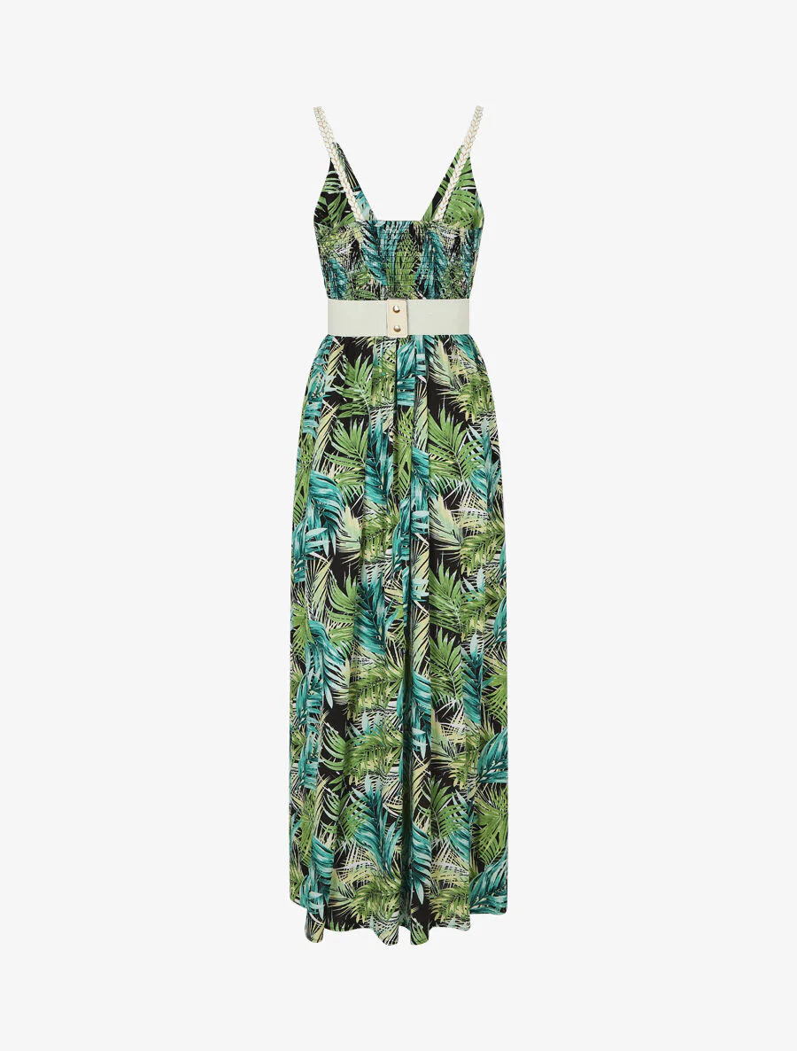 Elastische lange jurk met bladerenprint - zwart - Image 2