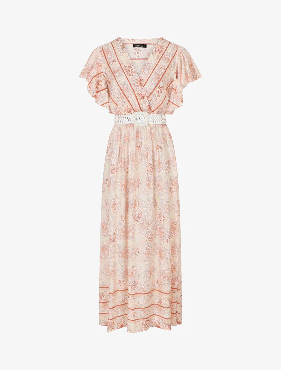Elastische lange jurk met bloemenprint - Bruin