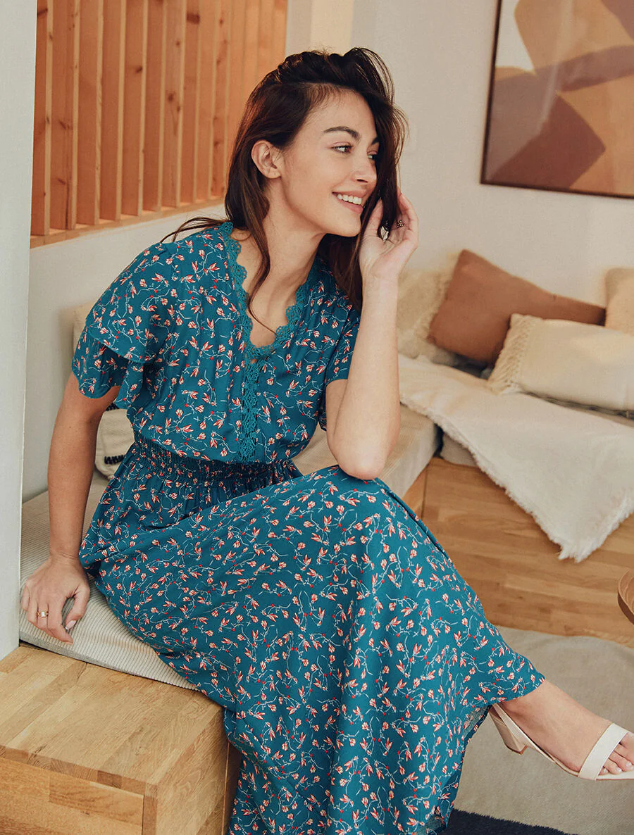 Elastische lange jurk met bloemenprint - Blauwgroen