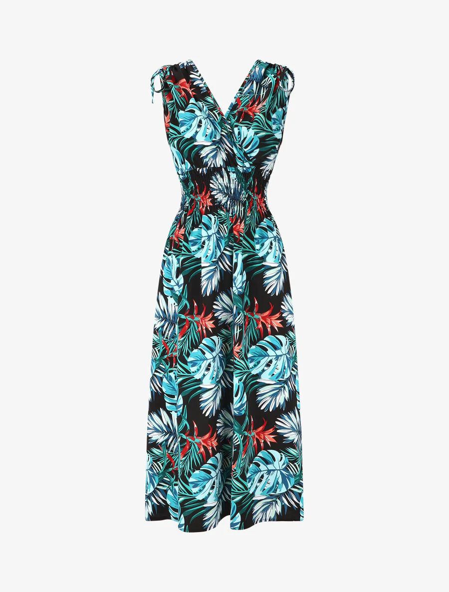 Elastische lange jurk met tropische print - blauw