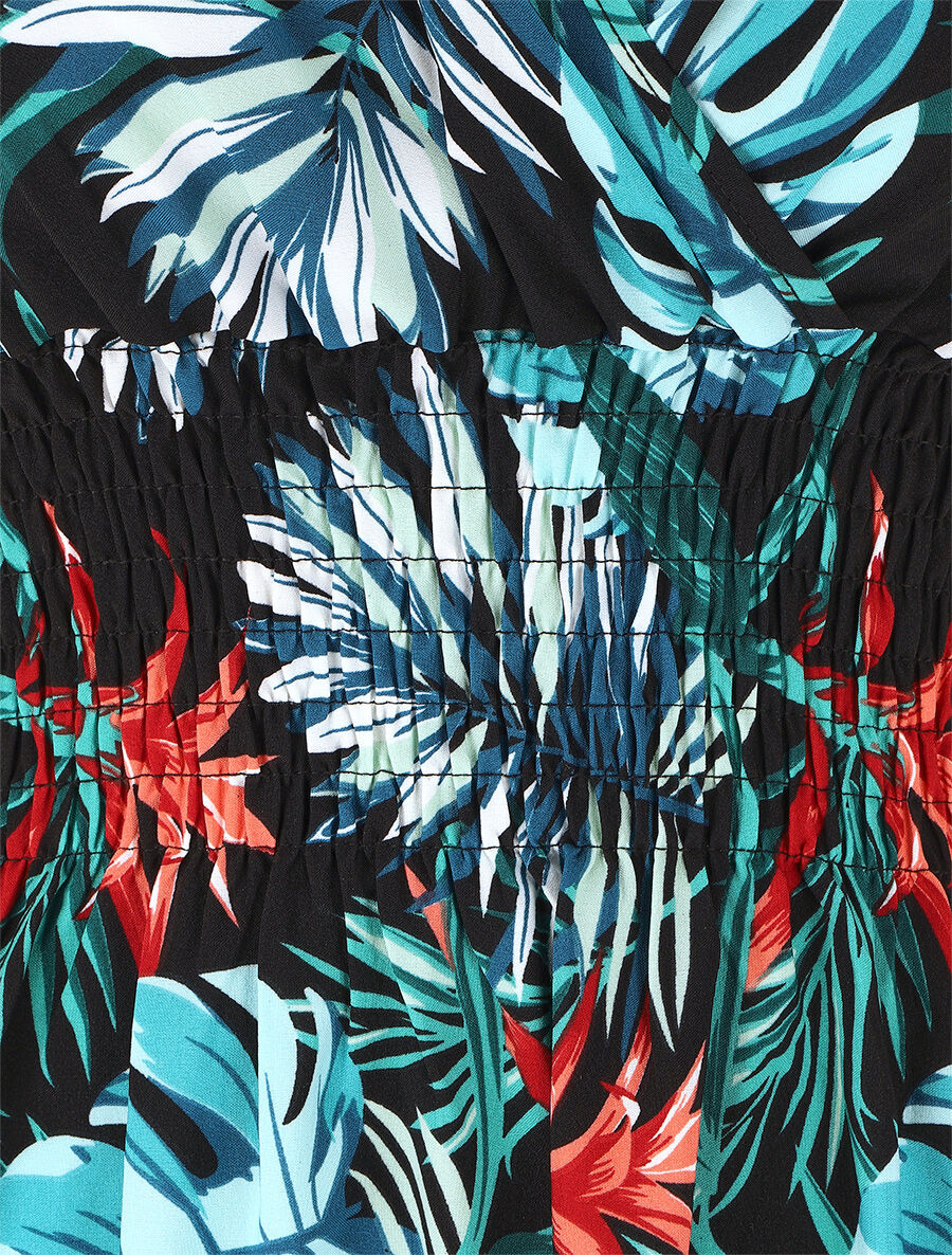 Elastische lange jurk met tropische print - blauw - Image 3