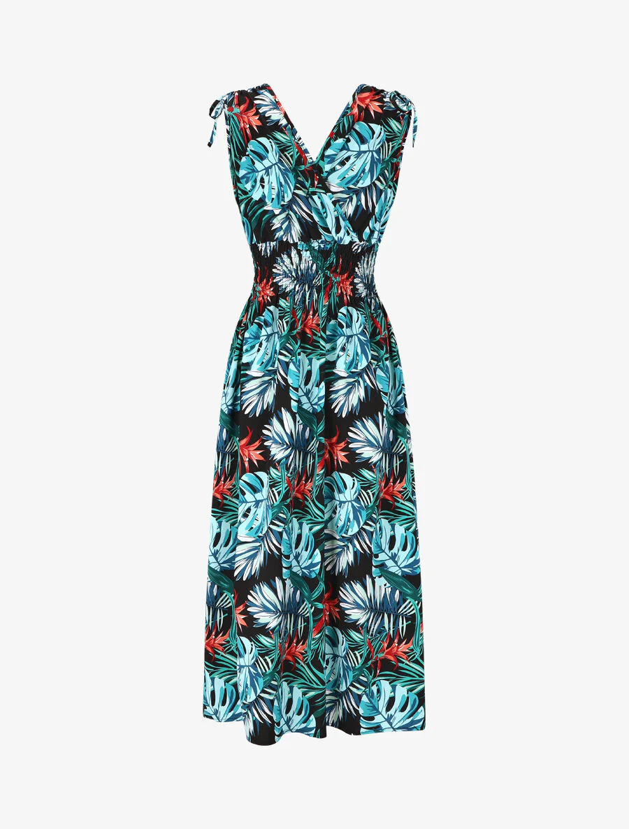 Elastische lange jurk met tropische print - blauw - Image 5
