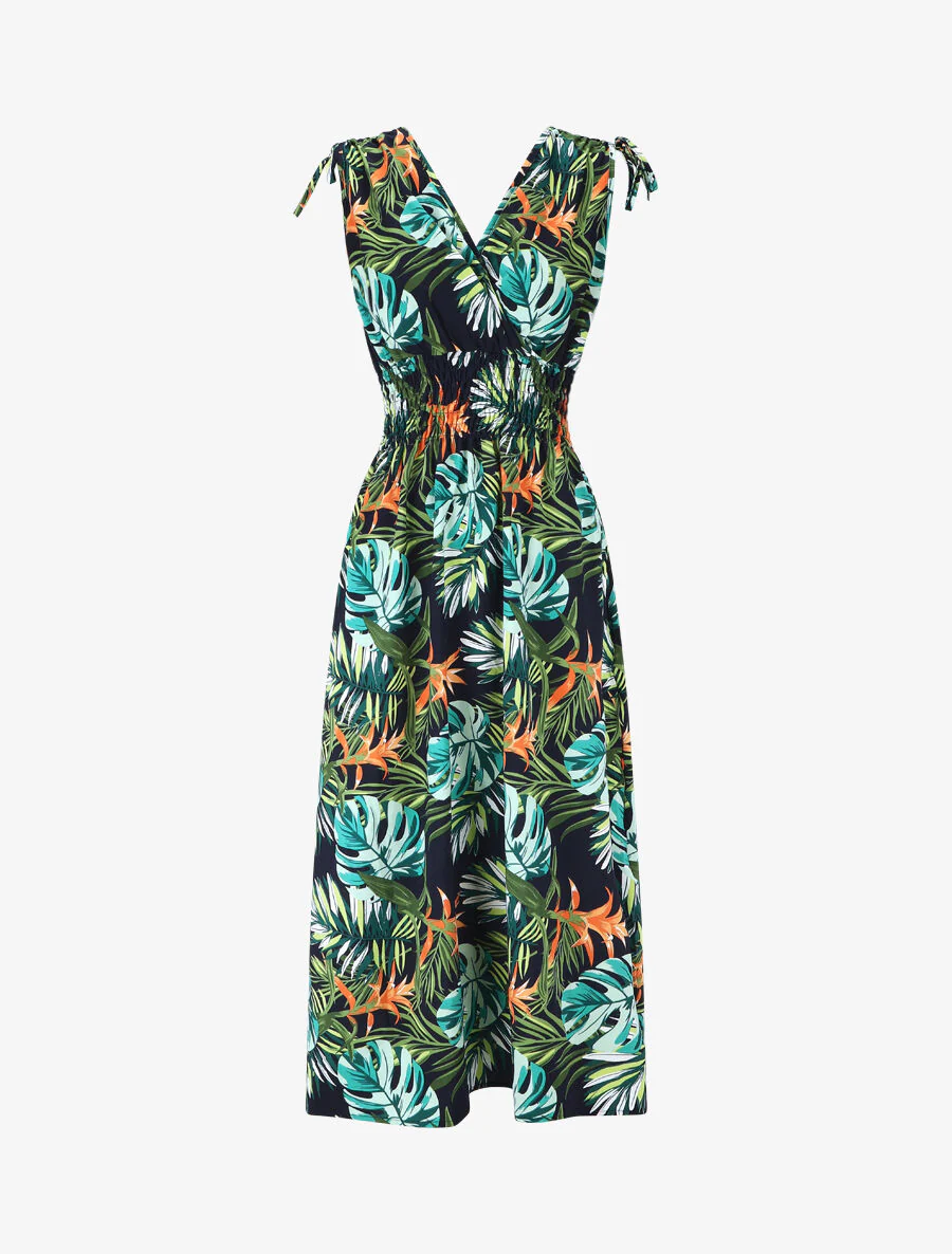 Elastische lange jurk met tropische print - groen