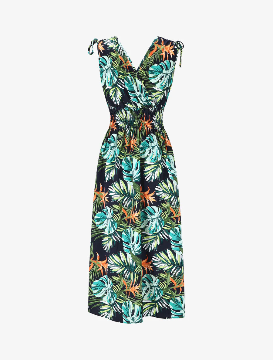 Elastische lange jurk met tropische print - groen - Image 2