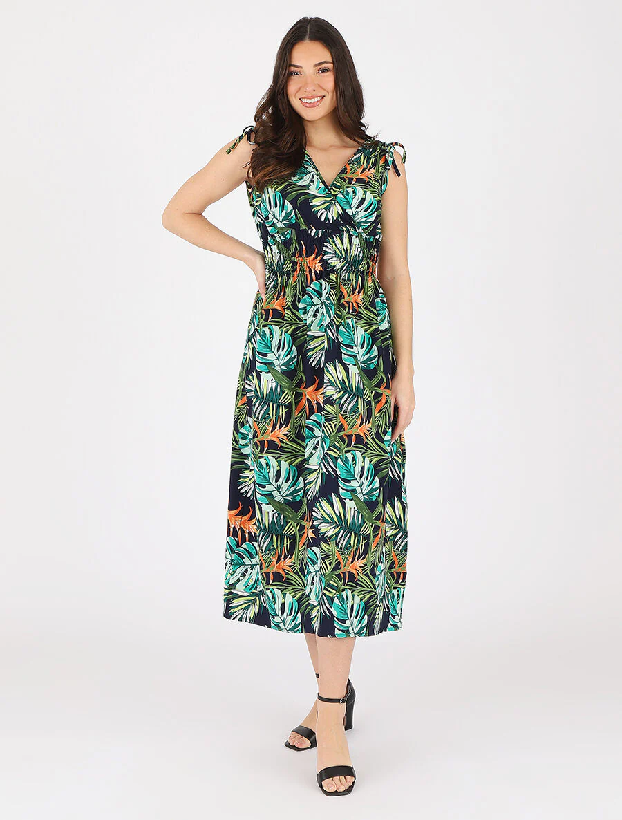 Elastische lange jurk met tropische print - groen - Image 4