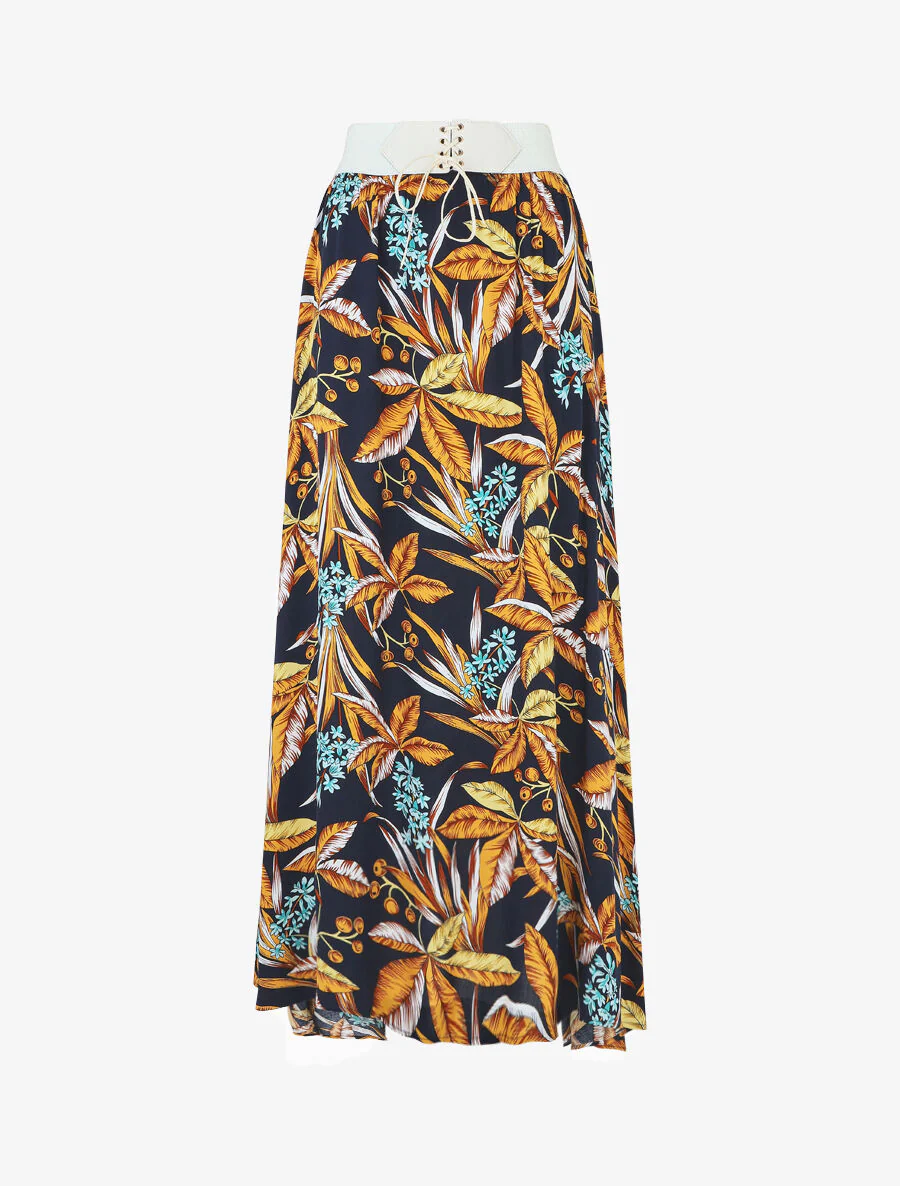 Elastische lange rok met tropische print - Marineblauw