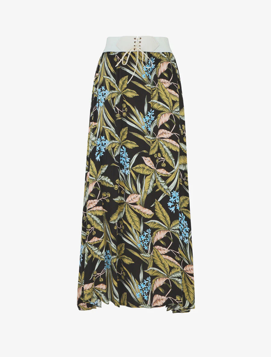 Elastische lange rok met tropische print - Zwart