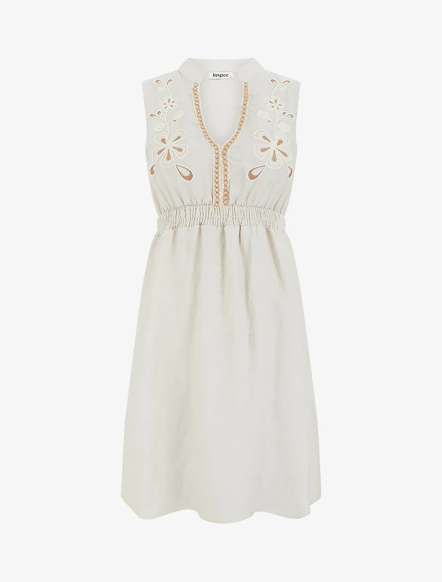 Elastische midi-jurk met geborduurd lijfje - Beige