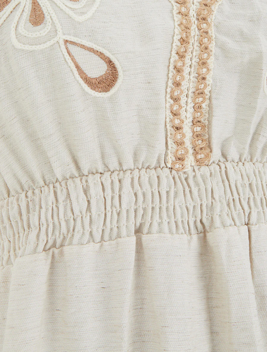 Elastische midi-jurk met geborduurd lijfje - Beige - Image 3