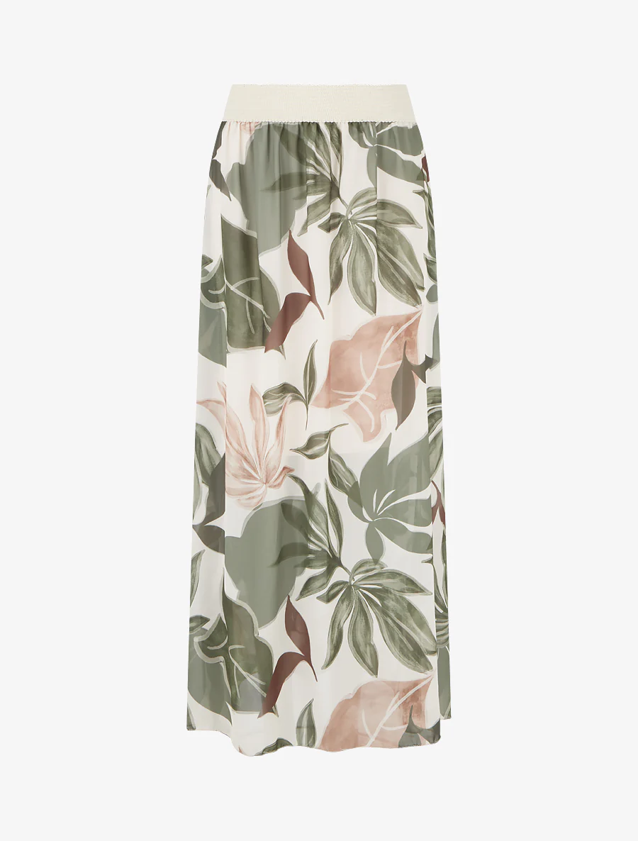 Elastische rok met grote bladerenprint - Kaki
