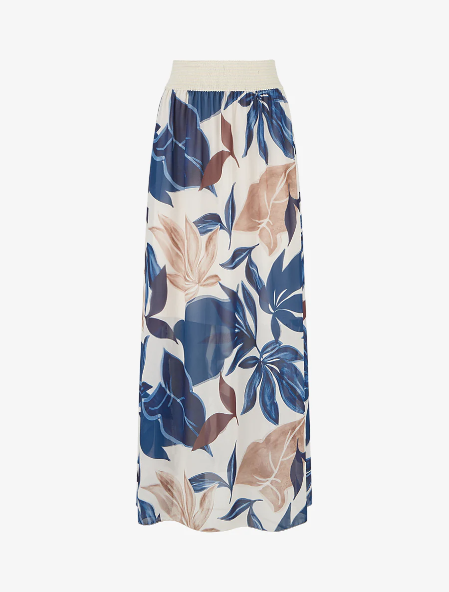 Elastische rok met grote bladerenprint - Marine