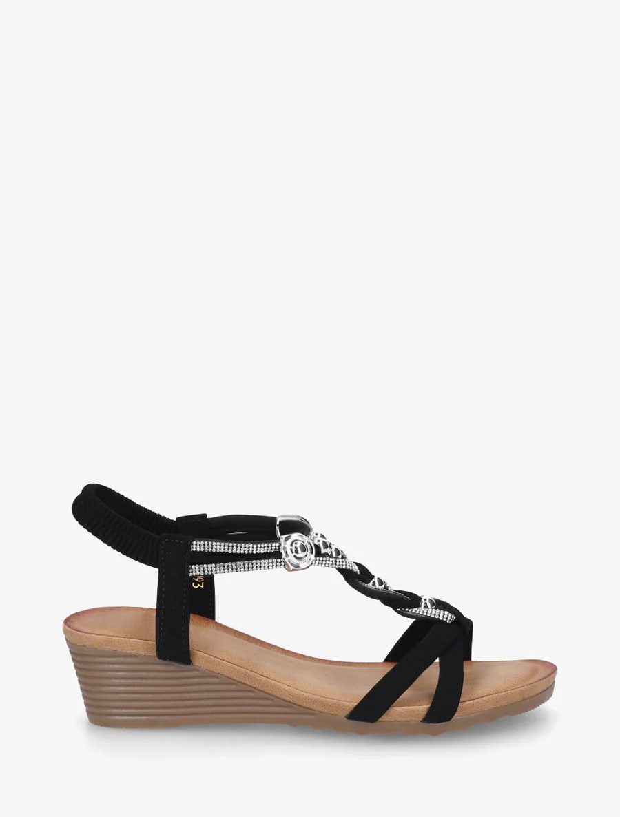 Elastische sandalen met juwelen en strass. - Zwart
