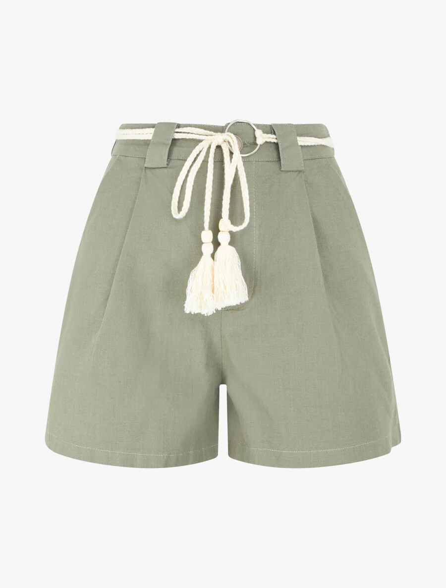 Elastische short met linnen-effect - Kakigroen