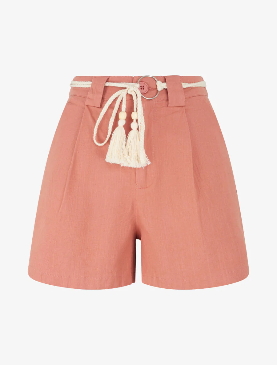 Elastische short met linnen-effect - Koraal