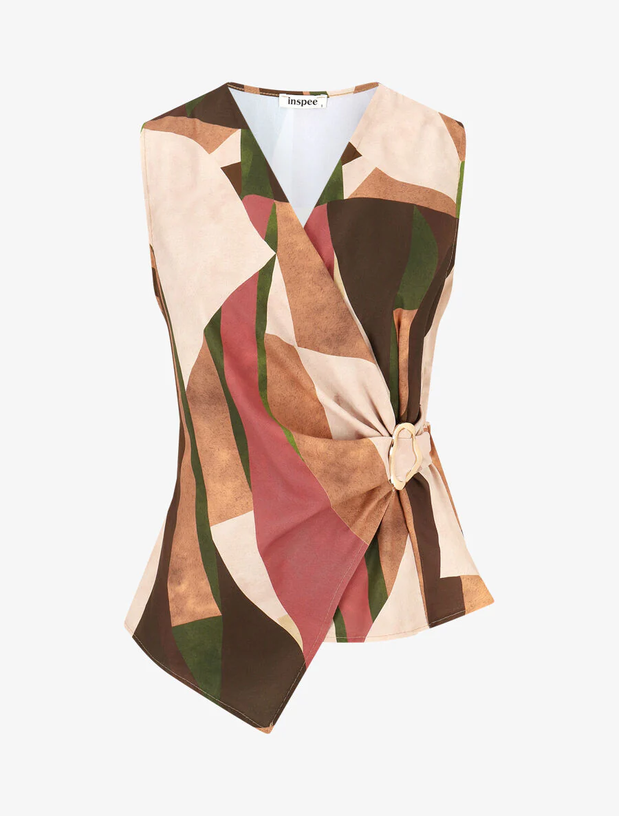 Elastische top met abstracte print - Kameel