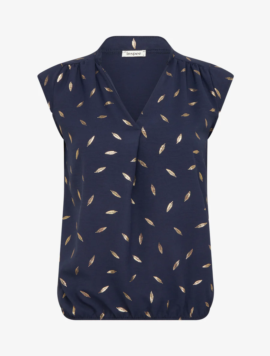 Elastische top met iriserende verenprint. - Marine