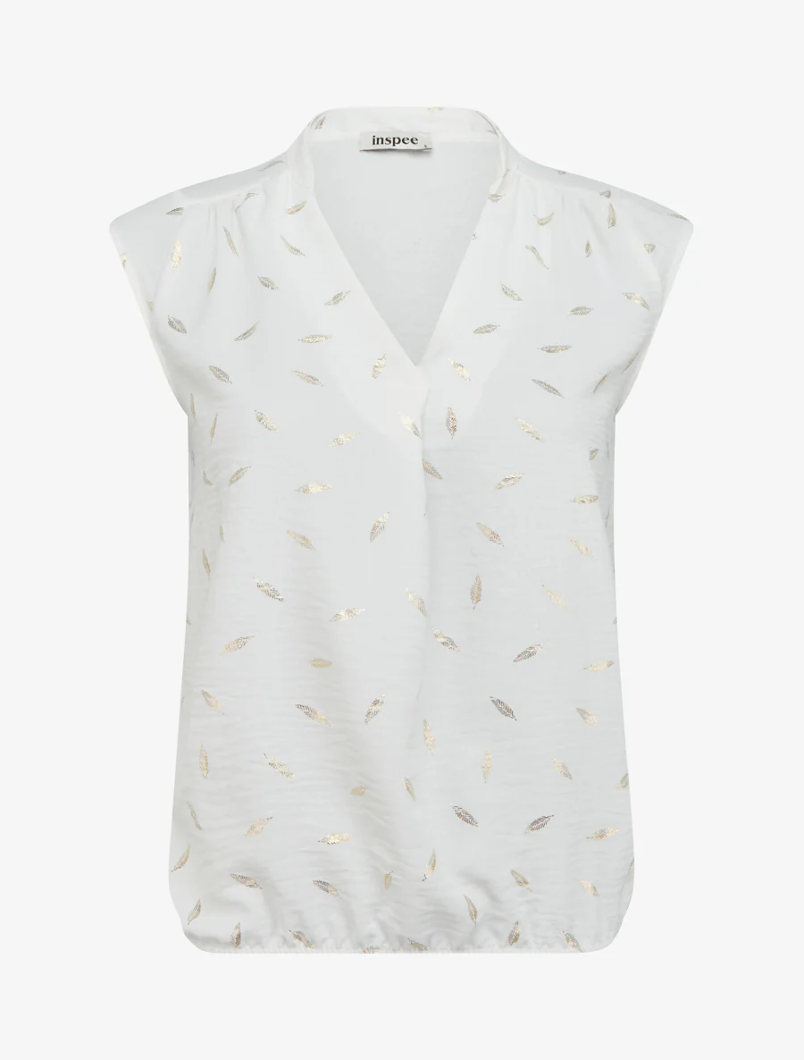 Elastische top met iriserende verenprint. - Wit