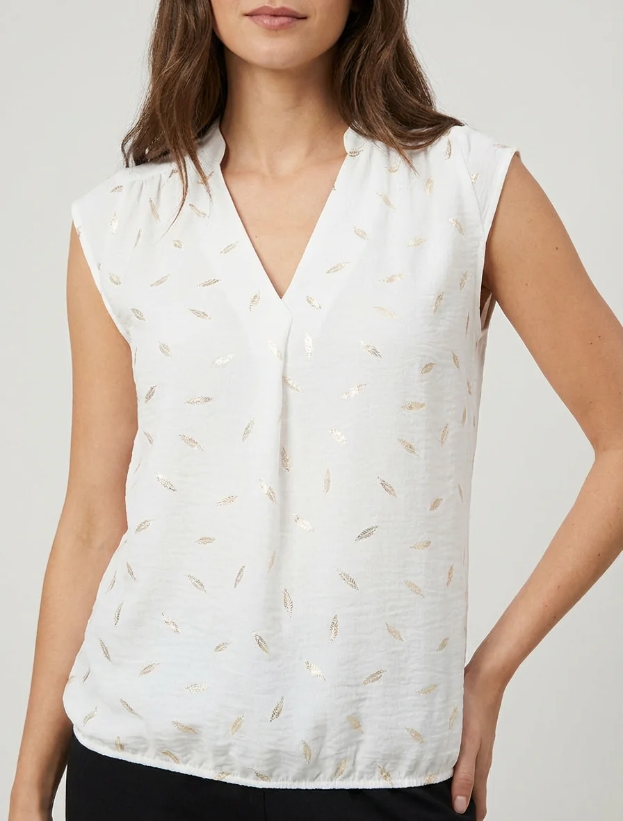 Elastische top met iriserende verenprint. - Wit - Image 4
