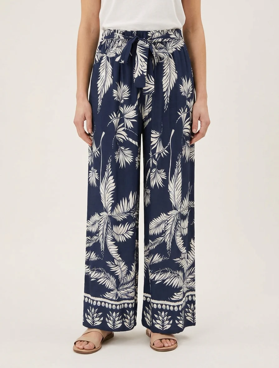 Elastische vloeiende broek met bladerprint - Marine - Image 4