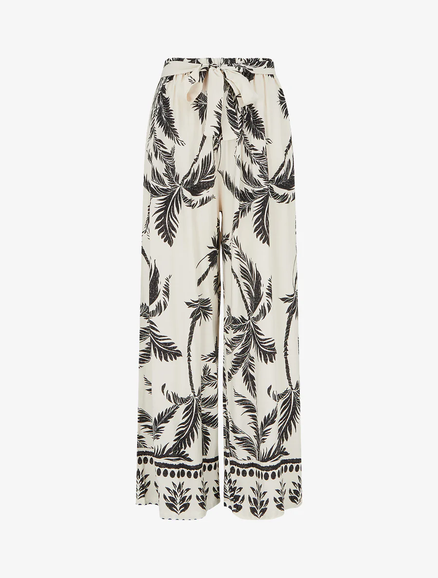 Elastische vloeiende broek met bladerprint - Beige