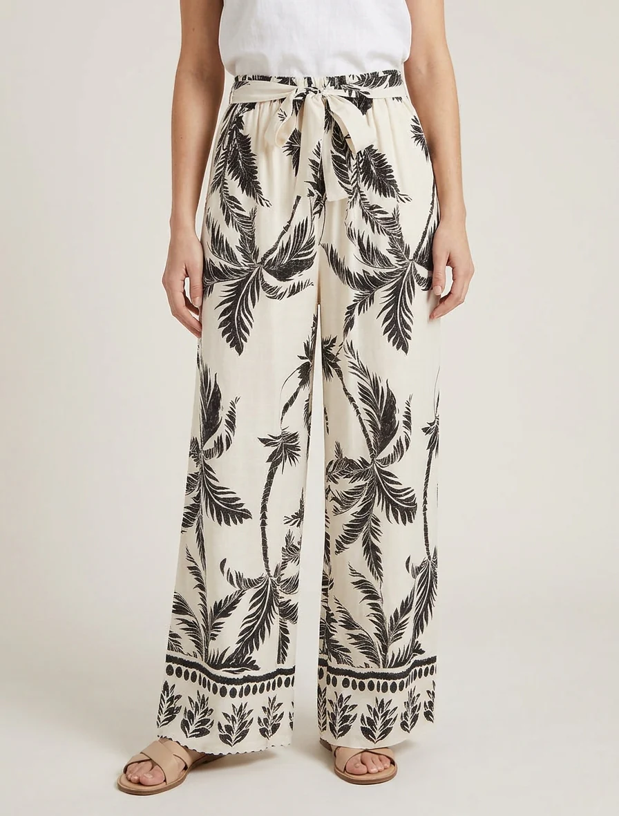 Elastische vloeiende broek met bladerprint - Beige - Image 4