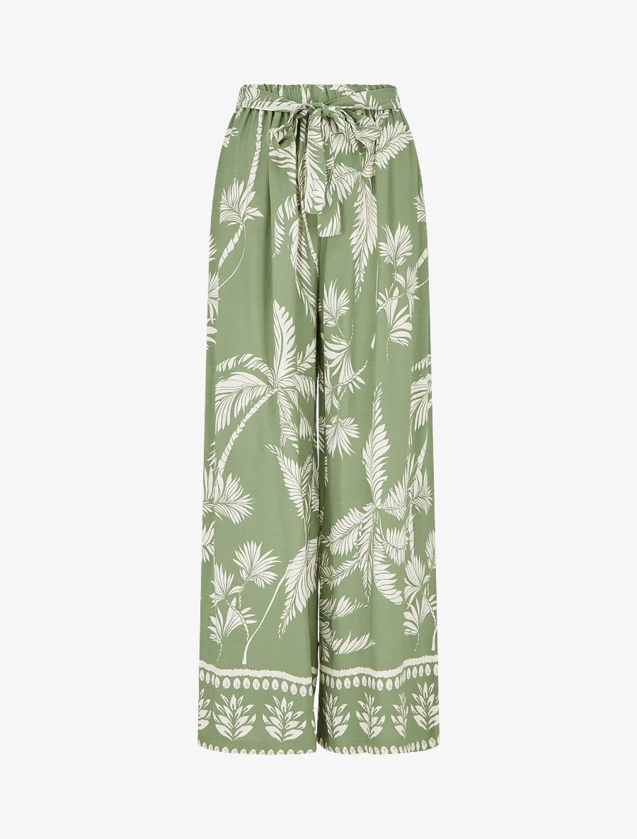 Elastische vloeiende broek met bladerprint - Kaki