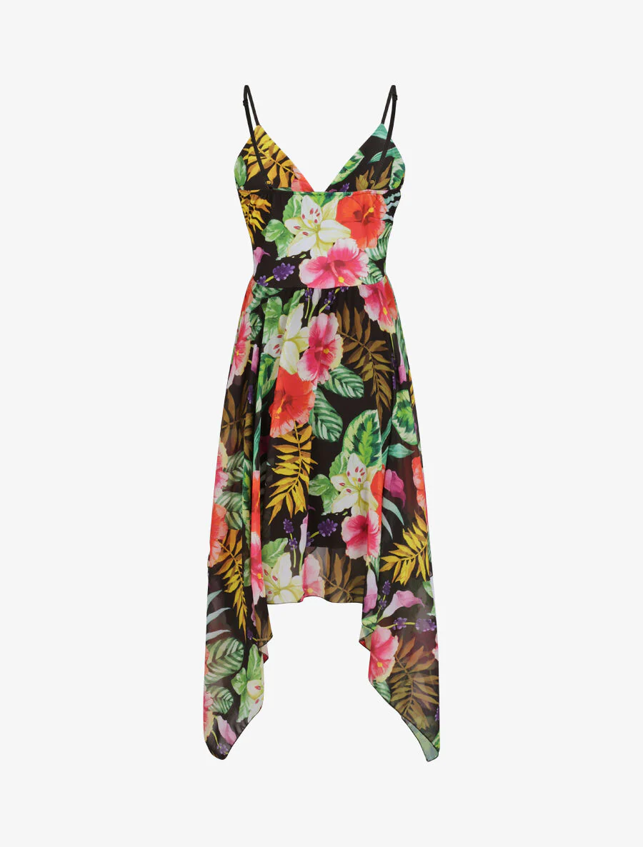 Empire halflange asymmetrische Hibiscus gedrukte jurk - Zwart - Image 2