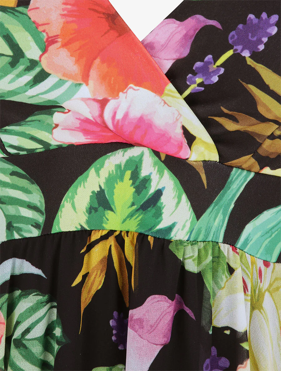 Empire halflange asymmetrische Hibiscus gedrukte jurk - Zwart - Image 3