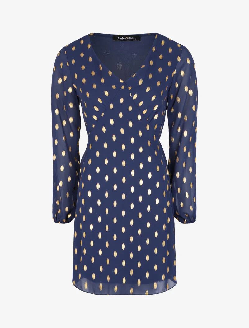 Empire jurk met gouden stippenprint - Marine