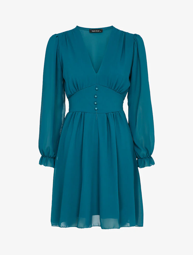Empire jurk met transparante pofmouwen - Eendblauw