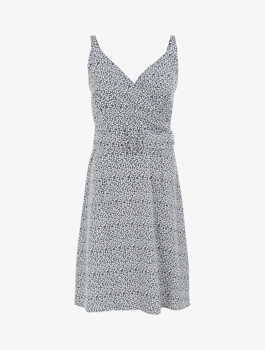 Empire korte jurk met een hartvormige kraag met bladerenprint - Blauw