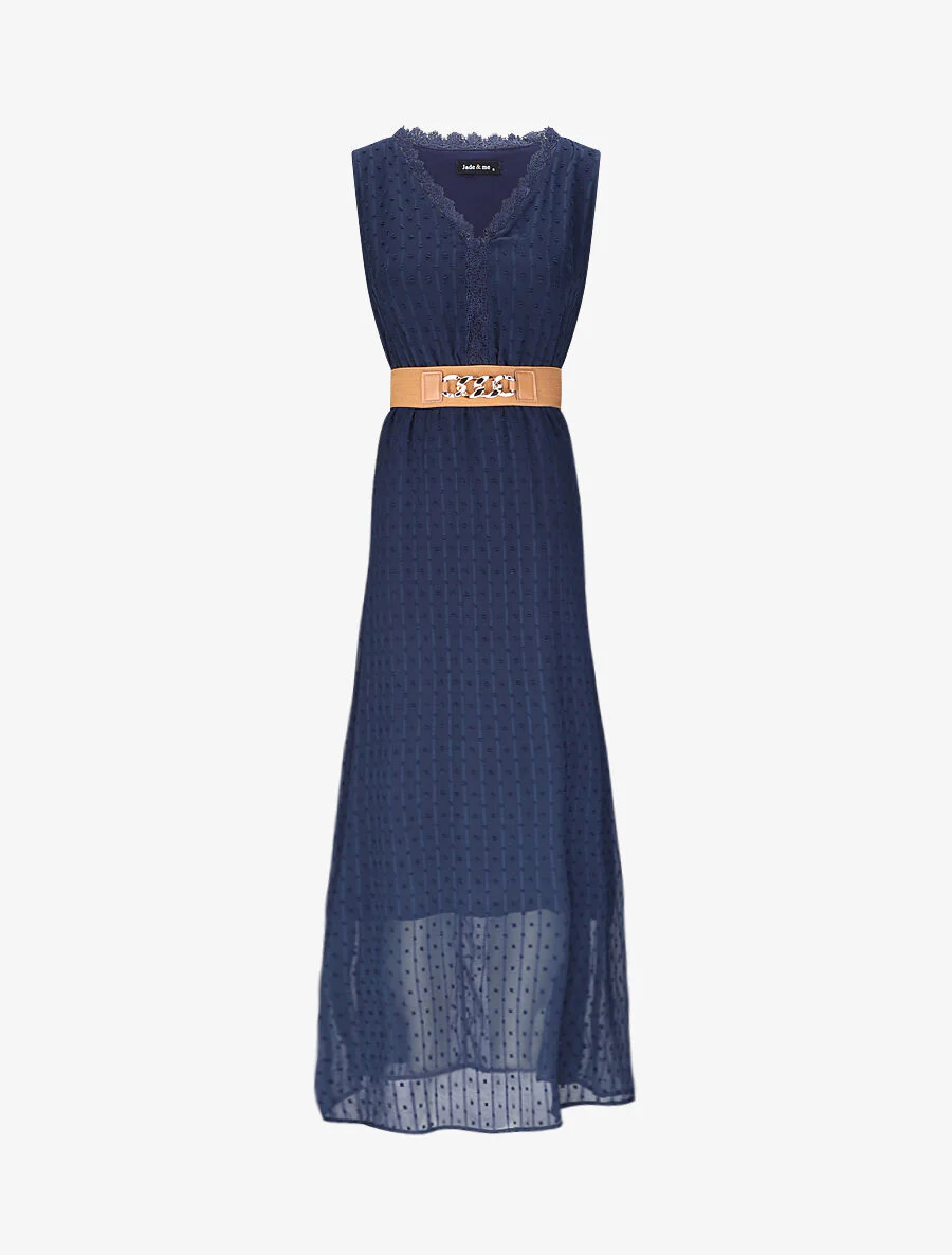 Empire lange jurk in een effen pluimstof - Donkerblauw