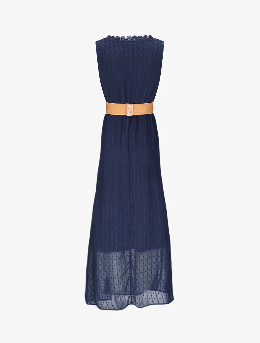 Empire lange jurk in een effen pluimstof - Donkerblauw - Image 2