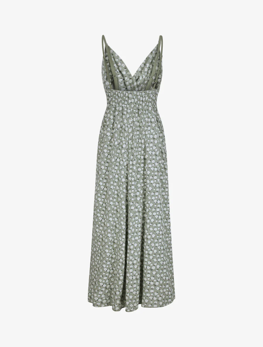 Empire lange jurk met margrieten print schouderbanden - Olijfgroen - Image 2