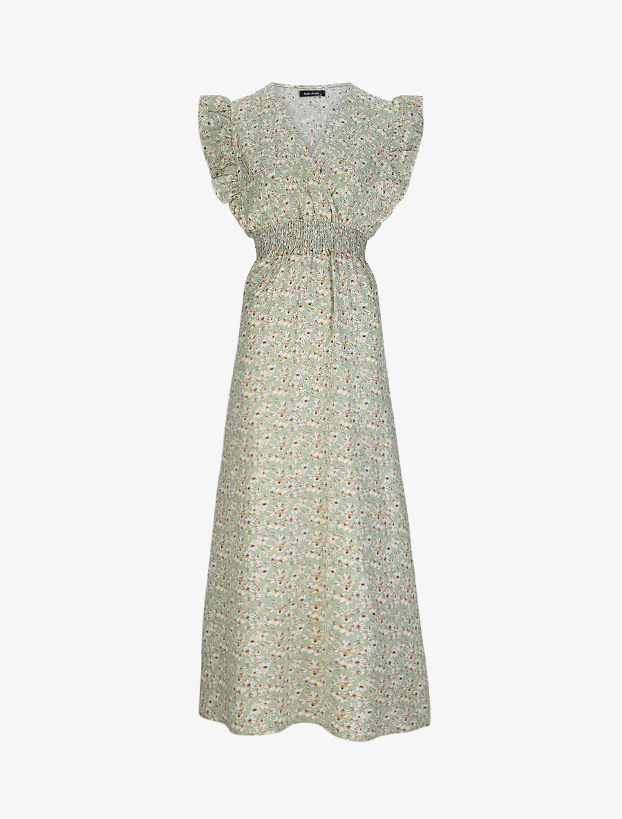 Empire lange jurk met schouder vleugels met kersenbloesem print - groen
