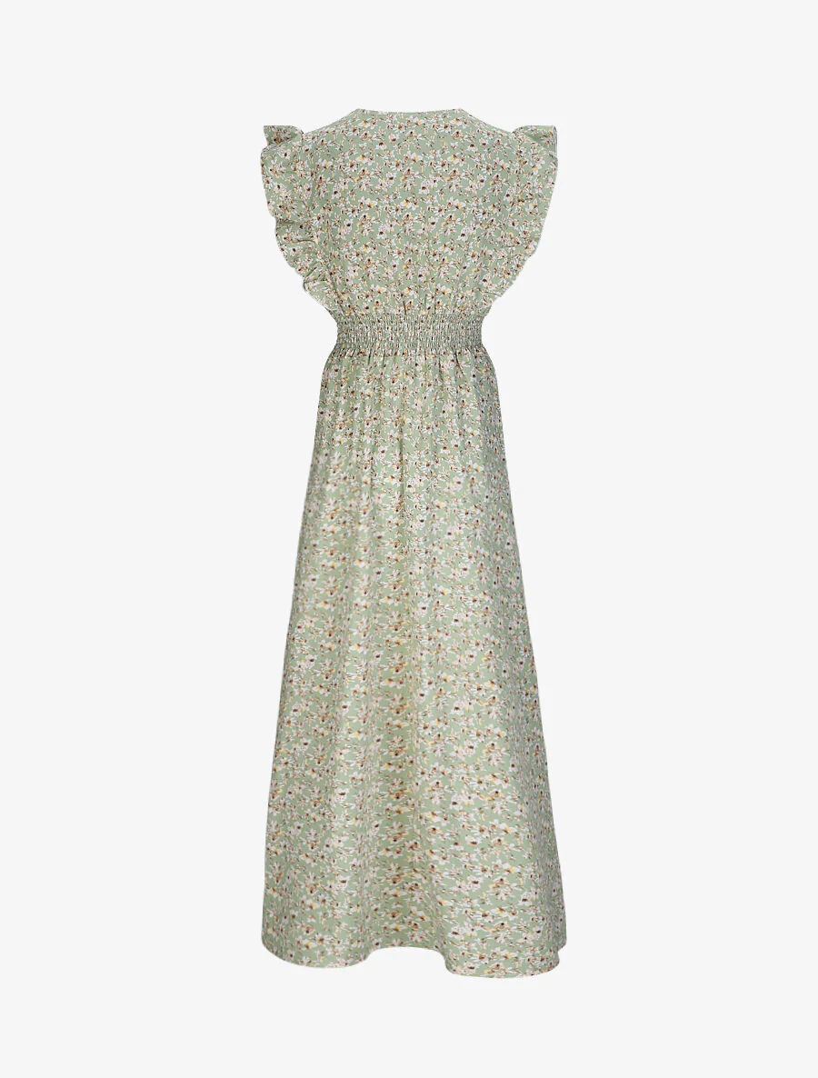 Empire lange jurk met schouder vleugels met kersenbloesem print - groen - Image 2