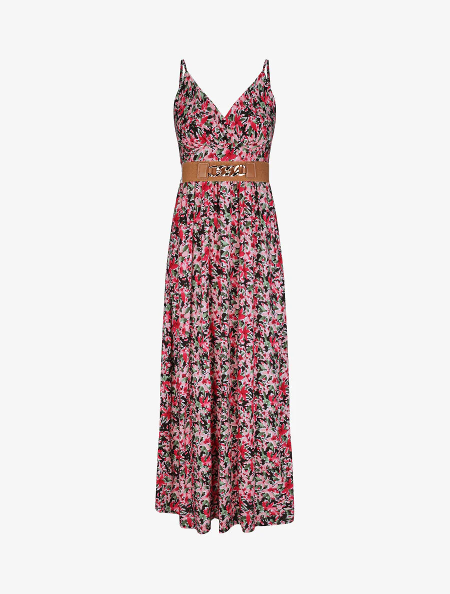 Empire lange jurk met schouderbandjes en abstracte bloemenprint - Zwart
