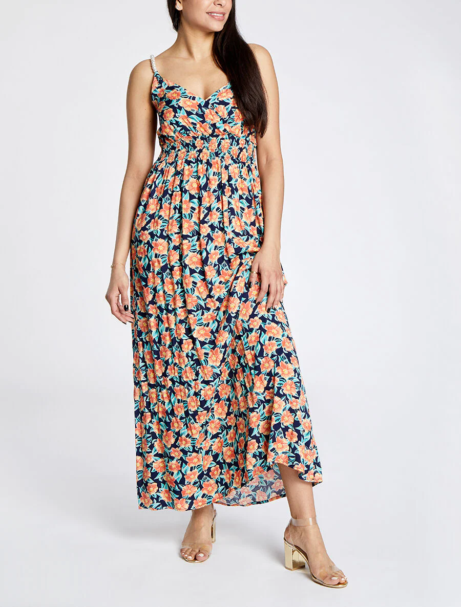 Empire lange jurk met tropische bloemenprint met parelbandjes - Marine - Image 4