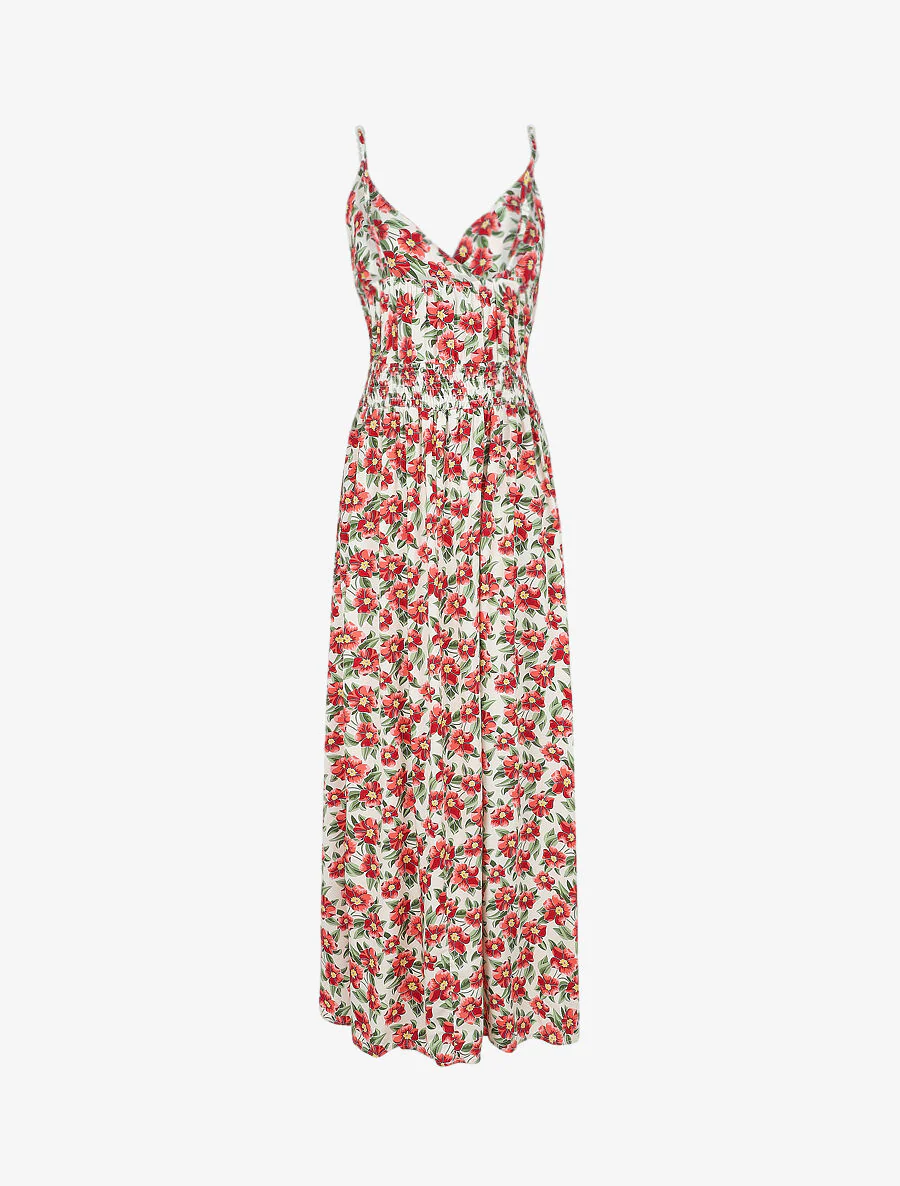 Empire lange jurk met tropische bloemenprint met parelbandjes - Wit - Image 2