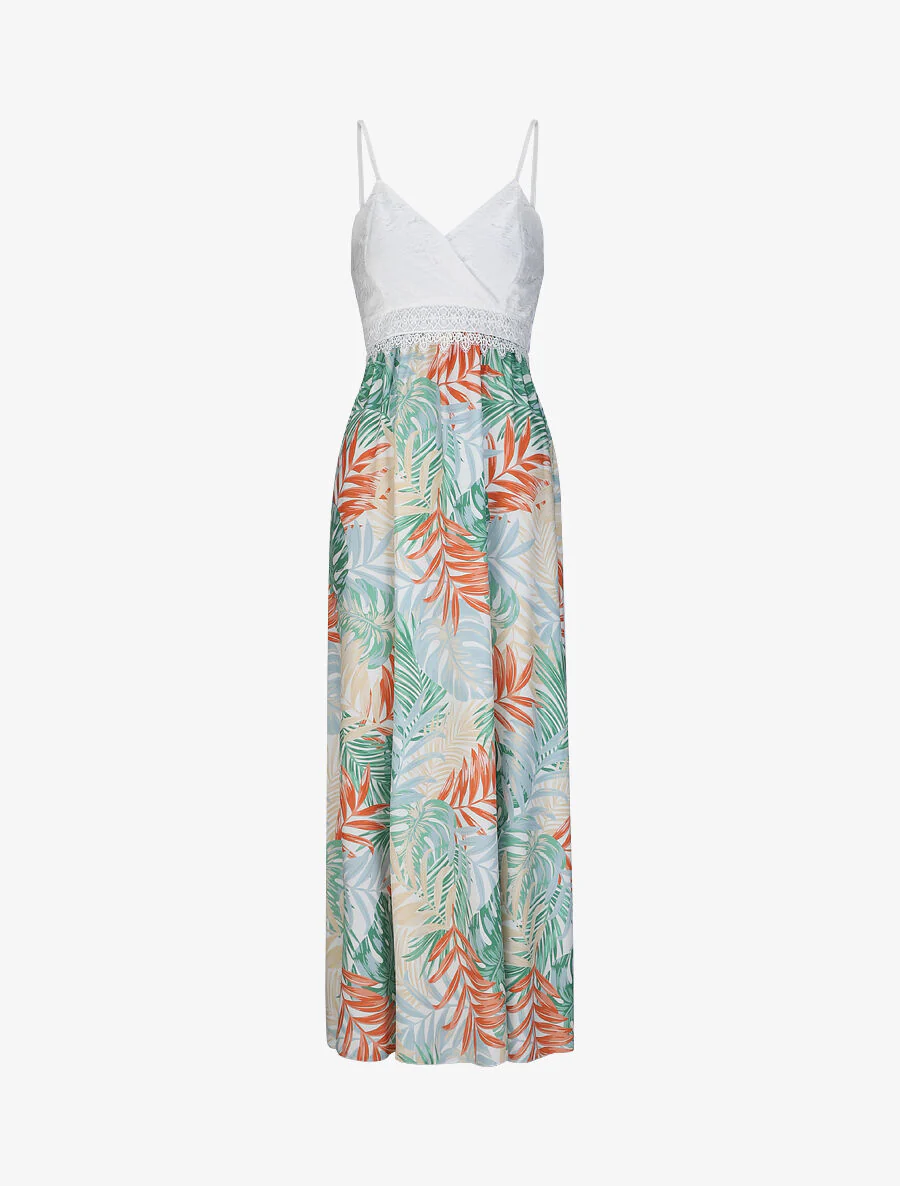 Empire lange jurk met tropische plantenprint en kanten boezem - Wit