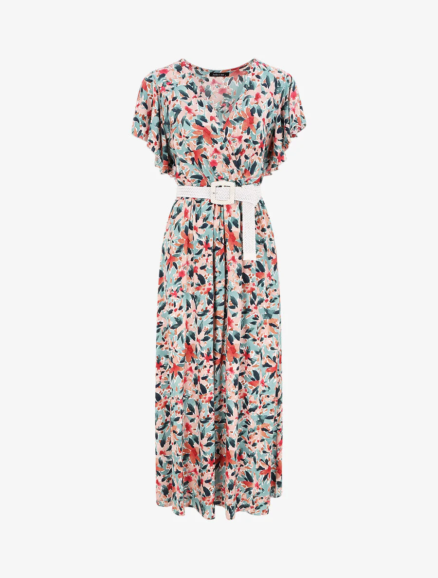 Empire lange jurk met vleugelmouwen met aquarel bloemenprint - groen/roze