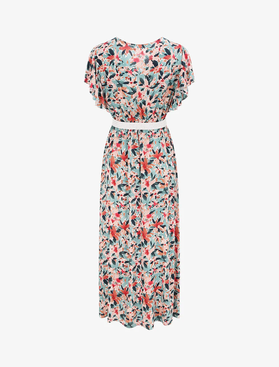 Empire lange jurk met vleugelmouwen met aquarel bloemenprint - groen/roze - Image 2