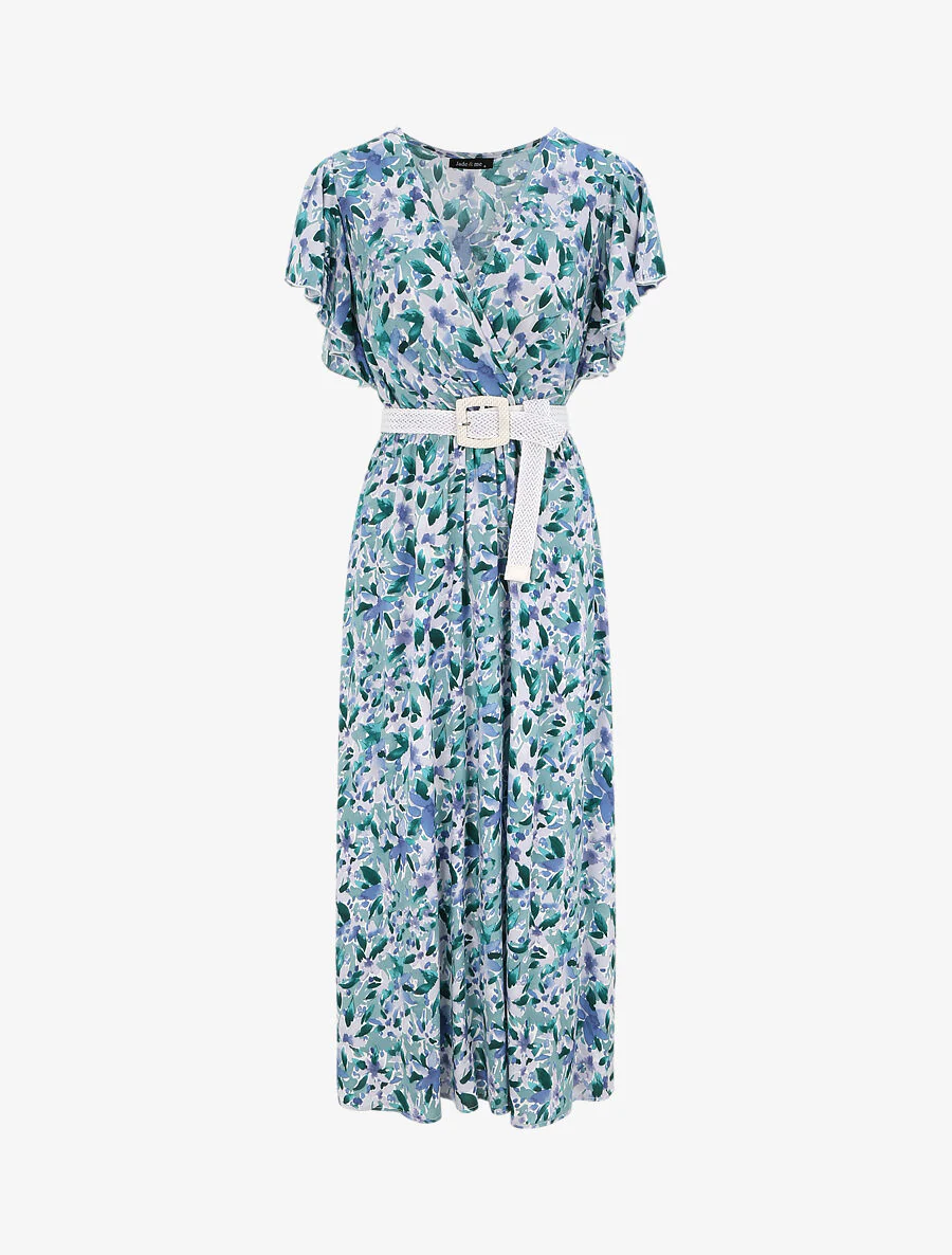 Empire lange jurk met vleugelmouwen met aquarel bloemenprint - Groen/blauw