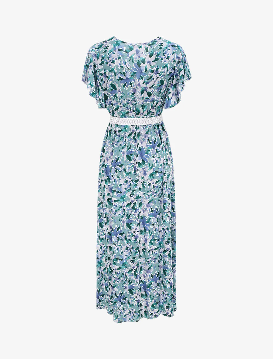 Empire lange jurk met vleugelmouwen met aquarel bloemenprint - Groen/blauw - Image 2