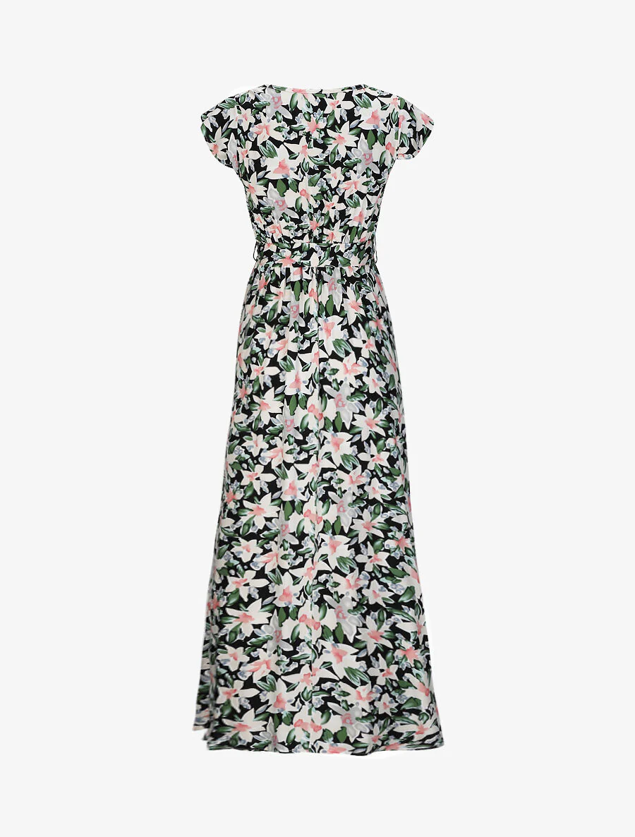 Empire lange jurk met volant schouders waterverf bloemenprint - Zwart - Image 2