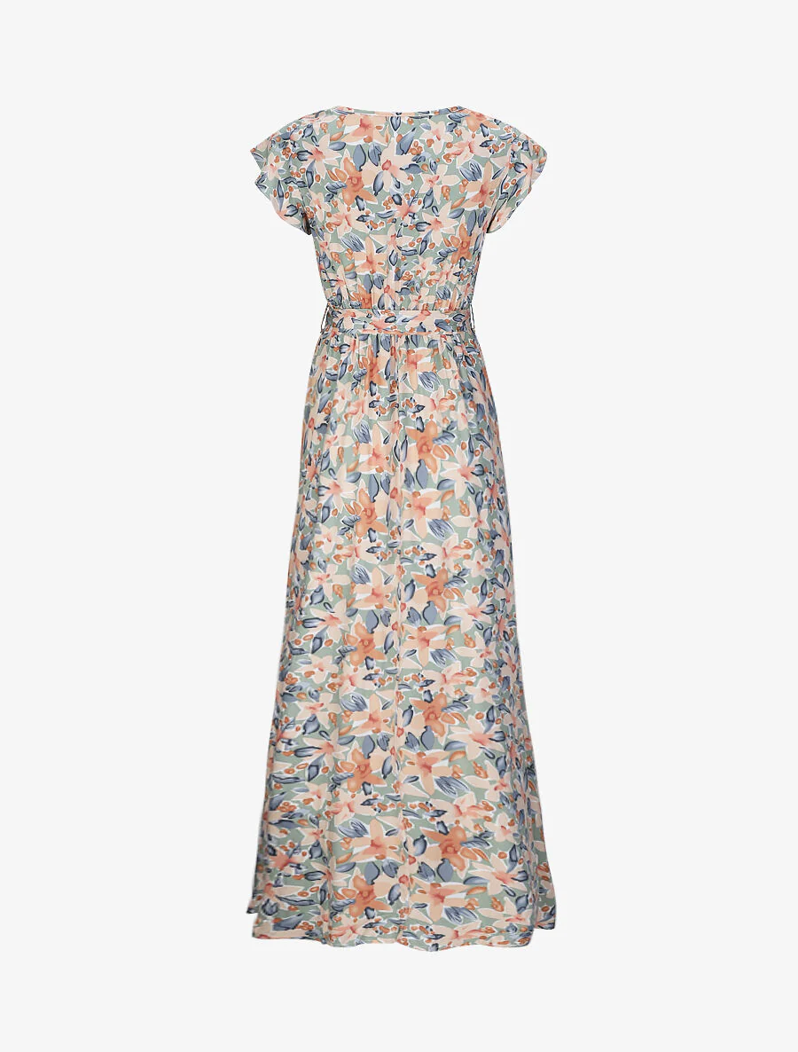 Empire lange jurk met volant schouders waterverf bloemenprint - Olijfgroen - Image 2