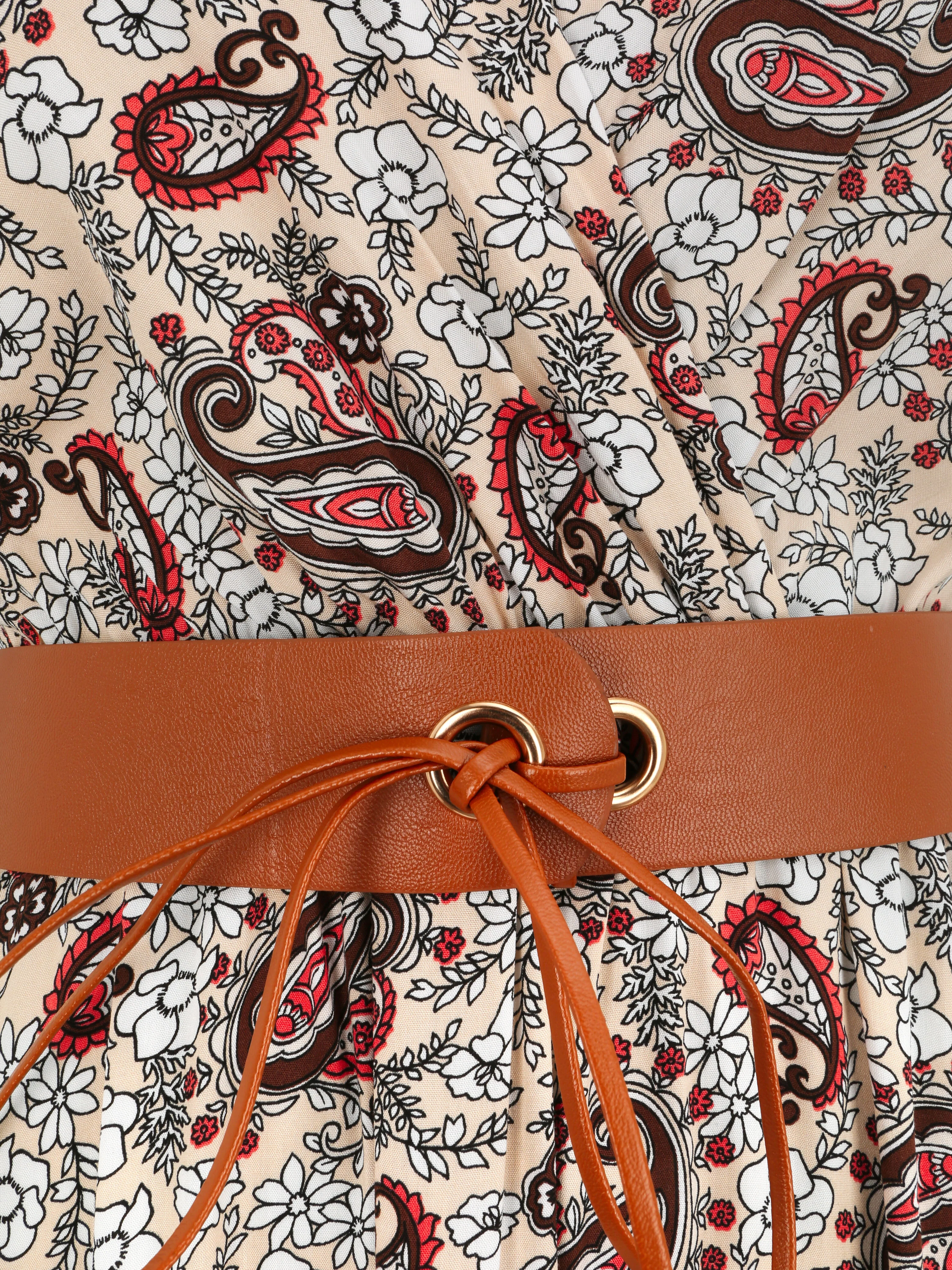 Empire lange mouwloze cachemire gedrukt jurk - Beige - Image 3