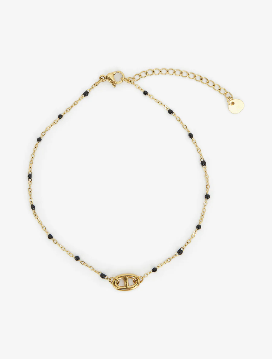 Enkelband met ankerketting en zwarte parels - Goud - Image 2