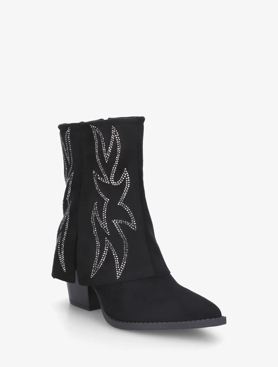 Enkellaarsjes in cowboylaarsstijl met strass-steentjes - Zwart - Image 2