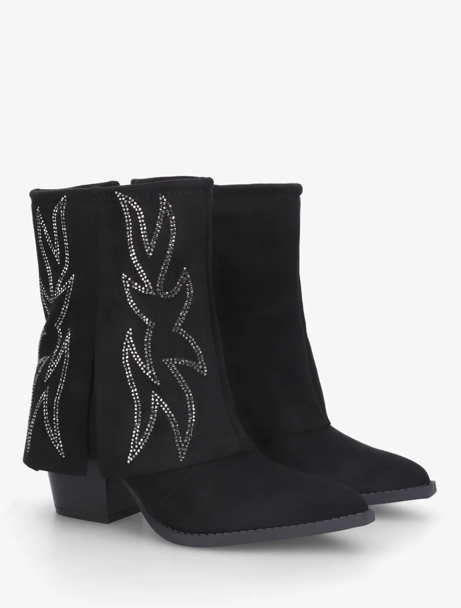 Enkellaarsjes in cowboylaarsstijl met strass-steentjes - Zwart - Image 4
